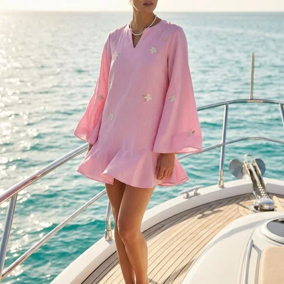 NWT$259 FANM MON x Andie the Serik mini dress pink w embroidered flower accent L - Picture 16 of 16